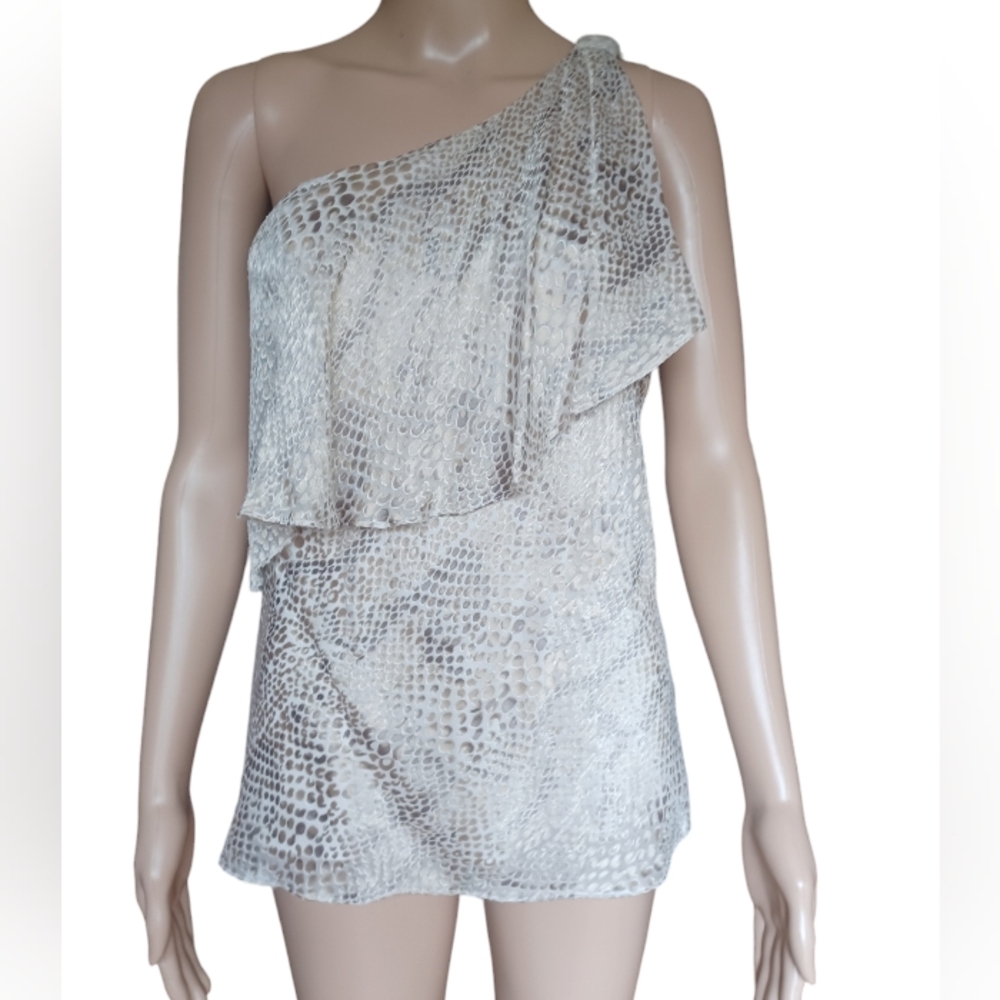 White House Black Market Womens One Shoulder Animal Print Top Ruffled Size 4